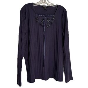 Moka  Sport 1X Top Blue Bead & Ribbon Accent LS Ribbed Going Out Casual Feminine